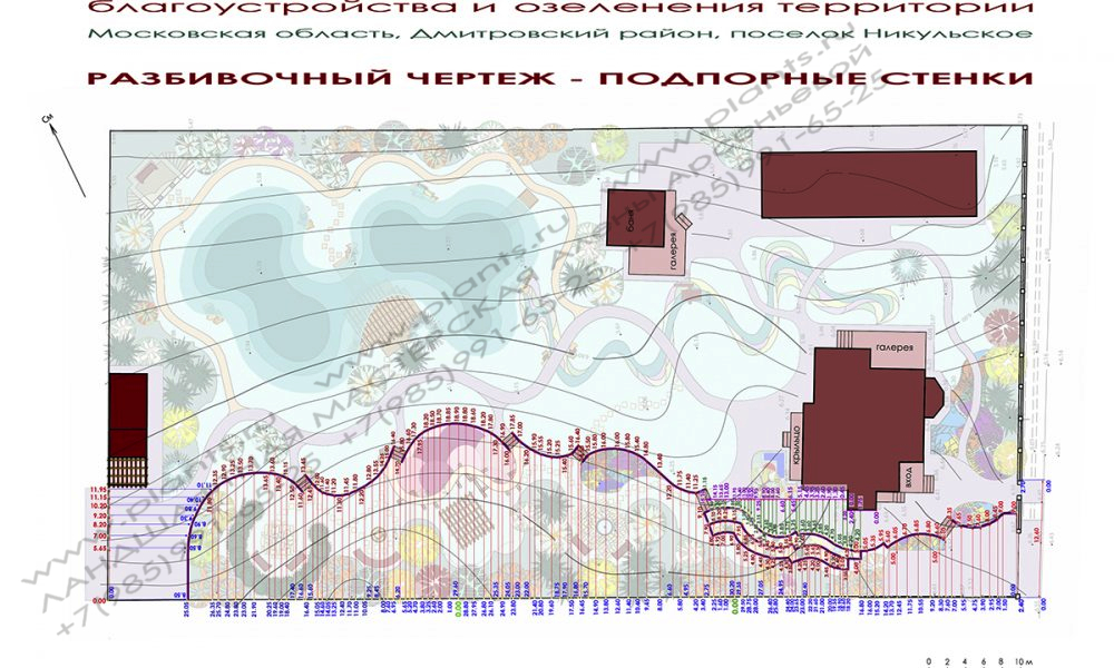 Проект участка с уклоном - разбивочный чертеж по подпорным стенкам